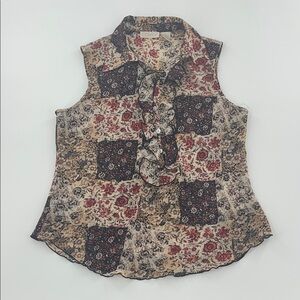 Vintage Caviar Floral Patchwork Top semi sheer y2k lettuce hem ruffle collar L